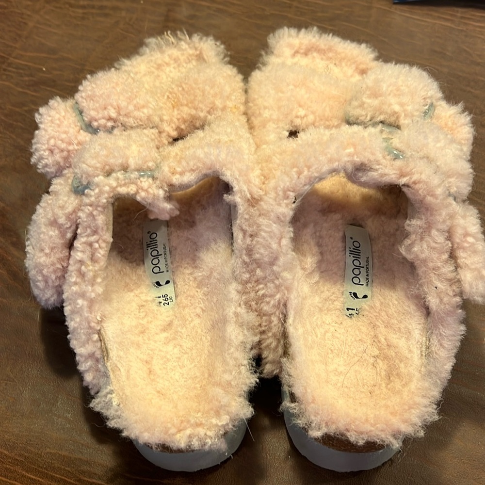Birkenstock Arizona Teddy Shearling Platform Sandals Pink Big Buckle 40EU